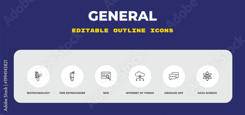 outline general icons set - biotechnology, fire estinguisher, sem. editable vector for web and mobile ui