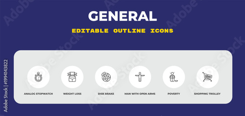 outline general icons set - analog stopwatch, weight loss, disk brake. editable vector for web and mobile ui