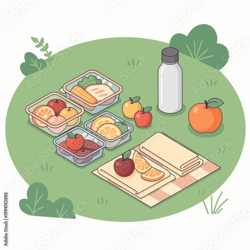 Lunch boxes, fruit, and water bottle on a picnic blanket on grass