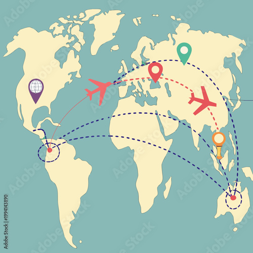 Global travel map with airplane routes and location pins airplane location navigation destination transport international vacation logistics geographic adventure transportation itinerary