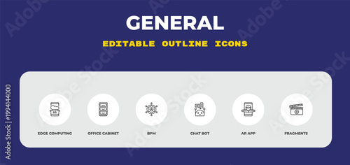 outline general icons set - edge computing, office cabinet, bpm. editable vector for web and mobile ui