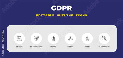 outline gdpr icons set - consent, communications, id card. editable vector for web and mobile ui