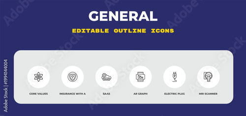outline general icons set - core values, insurance with a button, saas. editable vector for web and mobile ui