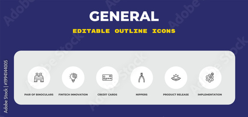 outline general icons set - pair of binoculars, fintech innovation, credit cards. editable vector for web and mobile ui