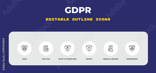 outline gdpr icons set - gear, text file, right to objection. editable vector for web and mobile ui