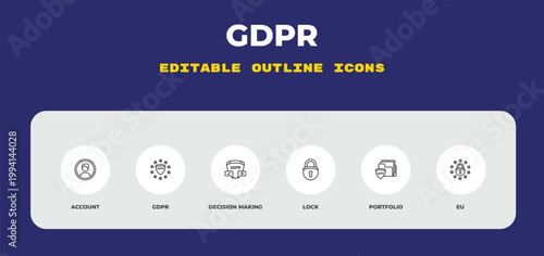 outline gdpr icons set - account, gdpr, decision making. editable vector for web and mobile ui
