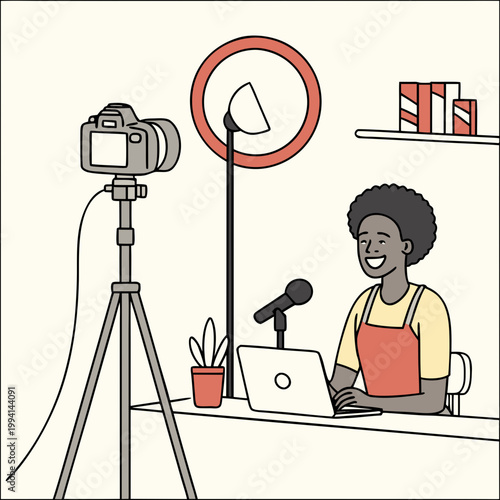 Content creator recording with camera and laptop setup recording microphone streaming vlogging technology business workstation professional influence production broadcast internet