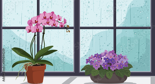 Beautiful pink orchids and purple violets in clay pots sitting on a window sill while fresh rain falls on the window glass outside.