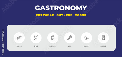 outline gastronomy icons set - salami, spice, beer can. editable vector for web and mobile ui