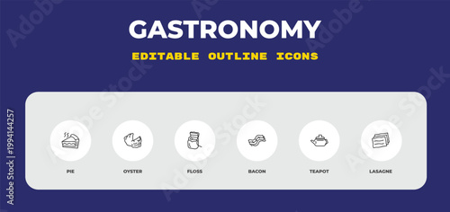 outline gastronomy icons set - pie, oyster, floss. editable vector for web and mobile ui