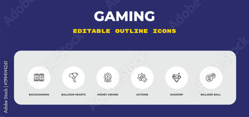 outline gaming icons set - backgammon, balloon hearts, money award. editable vector for web and mobile ui