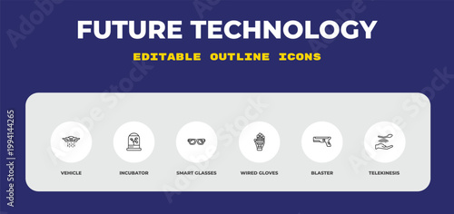 outline future technology icons set - vehicle, incubator, smart glasses. editable vector for web and mobile ui