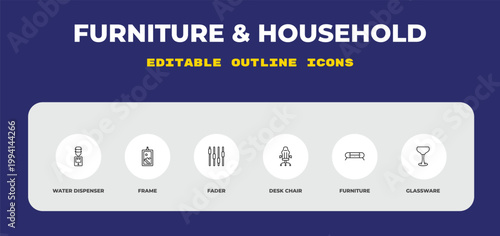 outline furniture & household icons set - water dispenser, frame, fader. editable vector for web and mobile ui