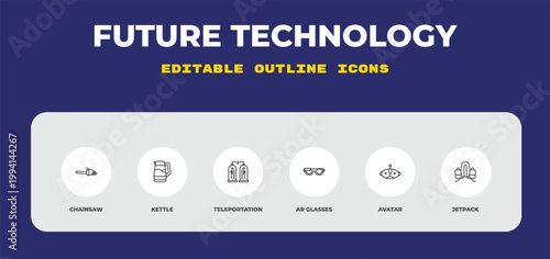outline future technology icons set - chainsaw, kettle, teleportation. editable vector for web and mobile ui