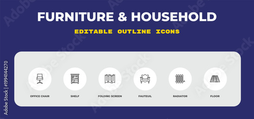 outline furniture & household icons set - office chair, shelf, folding screen. editable vector for web and mobile ui