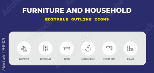 outline furniture and household icons set - sump pump, silverware, bench. editable vector for web and mobile ui