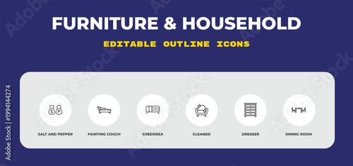 outline furniture & household icons set - salt and pepper shakers, fainting couch, credenza. editable vector for web and mobile ui