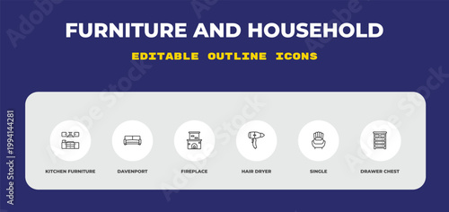 outline furniture and household icons set - kitchen furniture, davenport, fireplace. editable vector for web and mobile ui