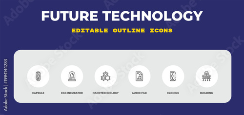outline future technology icons set - capsule, egg incubator, nanotechnology. editable vector for web and mobile ui