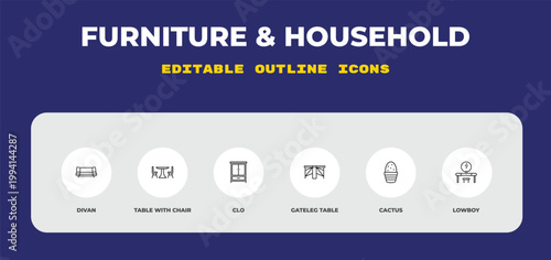 outline furniture & household icons set - divan, table with chair, clo. editable vector for web and mobile ui