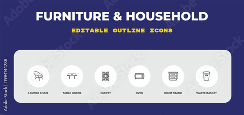 outline furniture & household icons set - lounge chair, table linens, carpet. editable vector for web and mobile ui