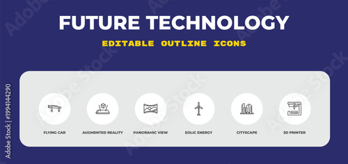 outline future technology icons set - flying car, augmented reality, panoramic view. editable vector for web and mobile ui