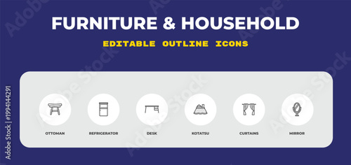 outline furniture & household icons set - ottoman, refrigerator, desk. editable vector for web and mobile ui