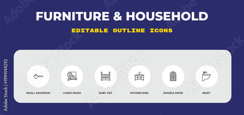 outline furniture & household icons set - small saucepan, living room, baby cot. editable vector for web and mobile ui