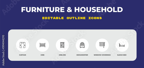 outline furniture & household icons set - curtain, crib, shelves. editable vector for web and mobile ui