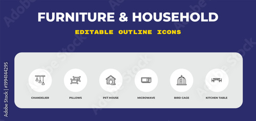 outline furniture & household icons set - chandelier, pillows, pet house. editable vector for web and mobile ui