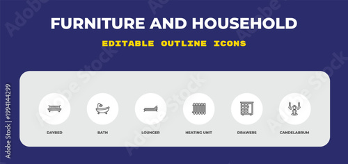 outline furniture and household icons set - daybed, bath, lounger. editable vector for web and mobile ui