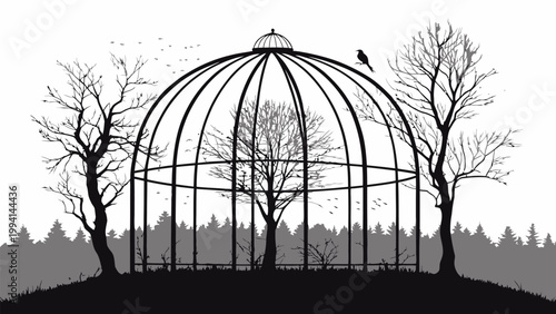 A minimalist vector illustration of a bird perched on a dome-shaped cage in a forest