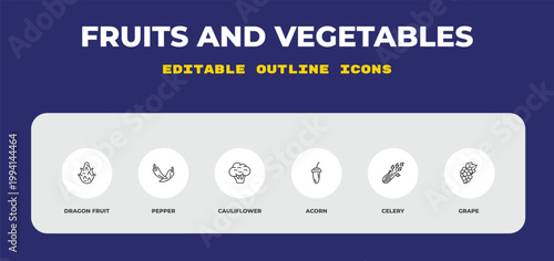 outline fruits and vegetables icons set - dragon fruit, pepper, cauliflower. editable vector for web and mobile ui