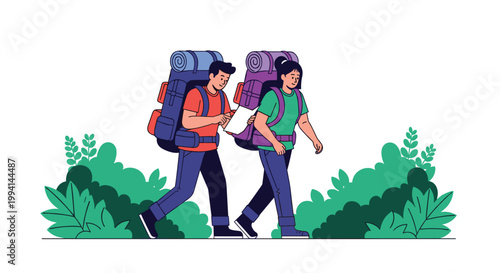 Young man and woman with large backpacks hiking through a lush green forest while looking at a paper map for the correct direction.