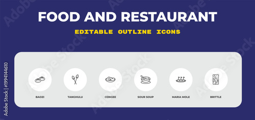 outline food and restaurant icons set - baozi, tanghulu, congee. editable vector for web and mobile ui