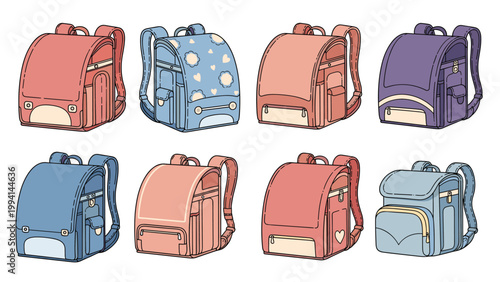 Collection of traditional japanese school backpacks in various colors like pink blue and purple for back to school and education themes.
