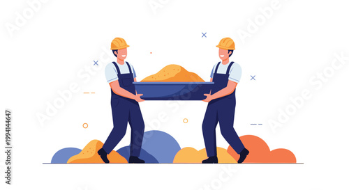Two construction workers in blue overalls and yellow hard hats carrying a large heavy tray filled with sand at a building site illustration.