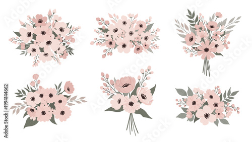 Group of six elegant pink flower bouquets with soft petals and green foliage for bridal invitations and romantic stationery designs.