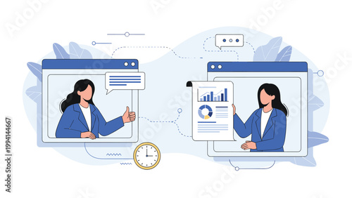 Businesswoman having a video conference call with a colleague to discuss financial charts and reports while managing time effectively.