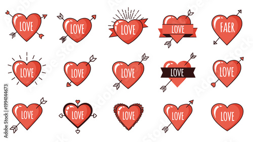 Set of red heart icons with arrows and ribbons containing the word love to represent valentines day and romantic celebration themes.