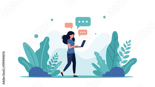 Woman working on her laptop while walking through a lush indoor garden with large green plants to illustrate remote work and nature.