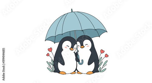 Cute pair of penguins standing together under a blue umbrella with pink flowers in a sweet romantic illustration for valentines day.