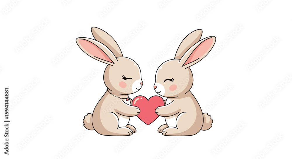 Obraz premium Adorable pair of beige rabbits sitting together and holding a large pink heart in a sweet romantic vector illustration for valentines day.