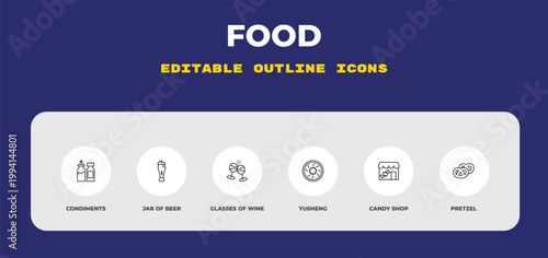 outline food icons set - condiments, jar of beer, glasses of wine. editable vector for web and mobile ui