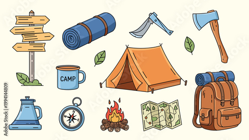 Comprehensive set of camping and hiking equipment icons including tent campfire map backpack compass axe and thermal mug for outdoors.