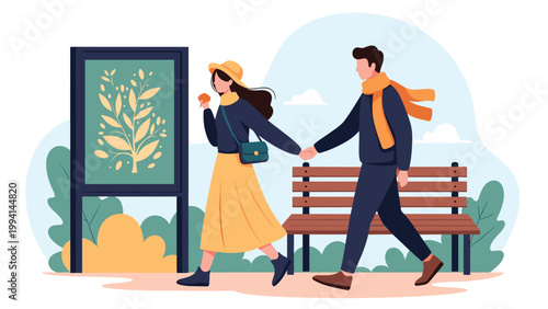 Romantic couple holding hands and walking through a park past a promotional sign for a calm and leisurely outdoor date experience.
