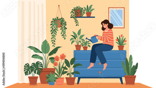 Young woman watering her extensive collection of indoor houseplants while sitting on a blue dresser in a cozy apartment setting.