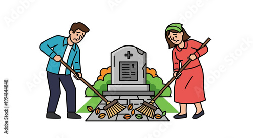 Couple Cleaning Tombstone with Brooms at Cemetery in Remembrance.