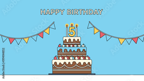 Large three tier chocolate birthday cake with the number five on top and colorful party bunting against a bright blue background.