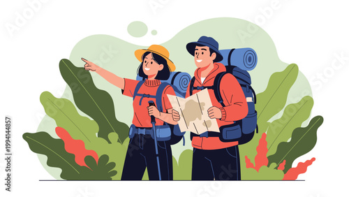 Adventurous couple with backpacks and hiking gear looking at a map while exploring a lush green forest area to find their way.